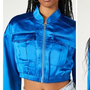 NWT Forever 21 Women's Cropped Satin Bomber Blue Jacket Size XS